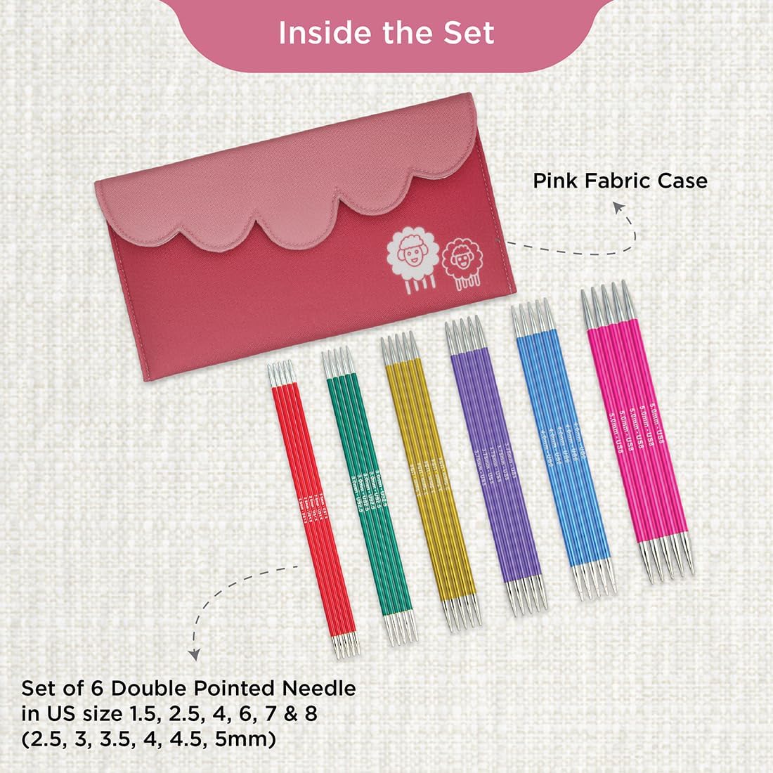 KNITPRO Knitting Needle Set, Zing (20cm) - Set of 6, Double Pointed, Aluminium, Colorful